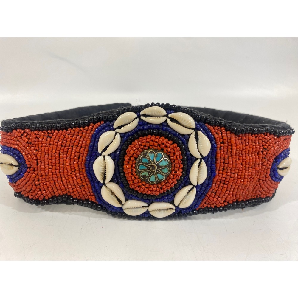 Tribal Beaded Festival Cowrie Shell Belt Orange Blue Bead Boho Medallion Tie